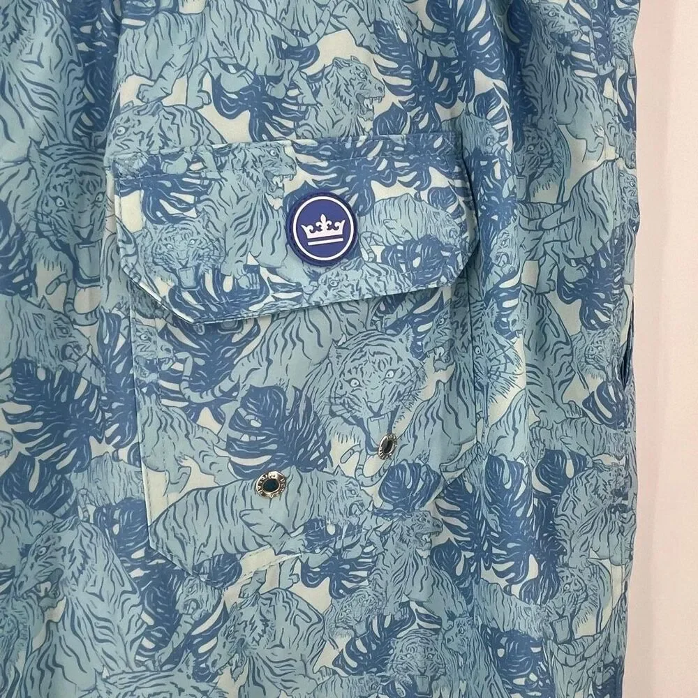 Peter Millar Men's Seascape Tiger Leaf Print Swim Trunk‎ Shorts Blue Size XXL 8”
